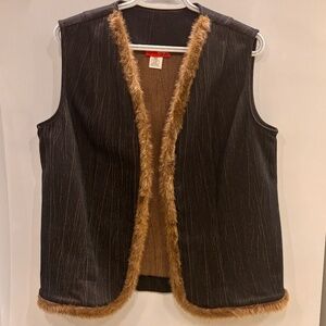 Y2K Vintage Dark Denim Vest Faux Fur Trim Open Front Streetwear Retro Vibe Sz: L